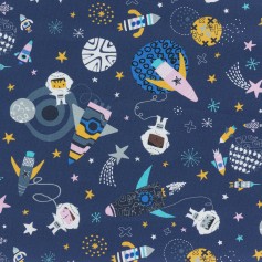 Tissu coton cosmonaute fond bleu fonçé "Blast off" Dashwood studio