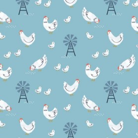 Tissu fond bleu poules Dashwood